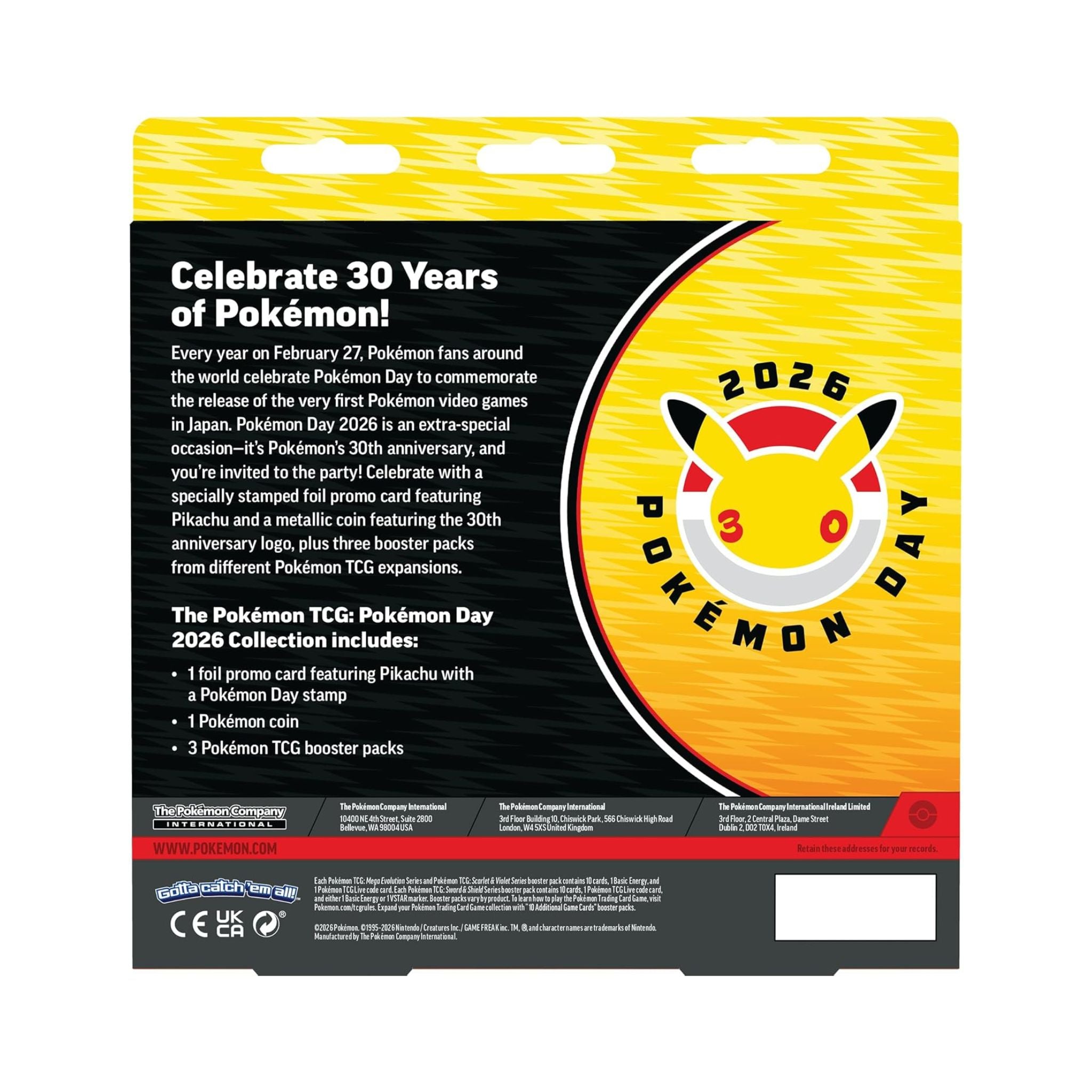 Packaging design for Pokémon TCG: Pokémon Day 2026 Collection featuring Pikachu, a promo card, booster packs, and a coin.