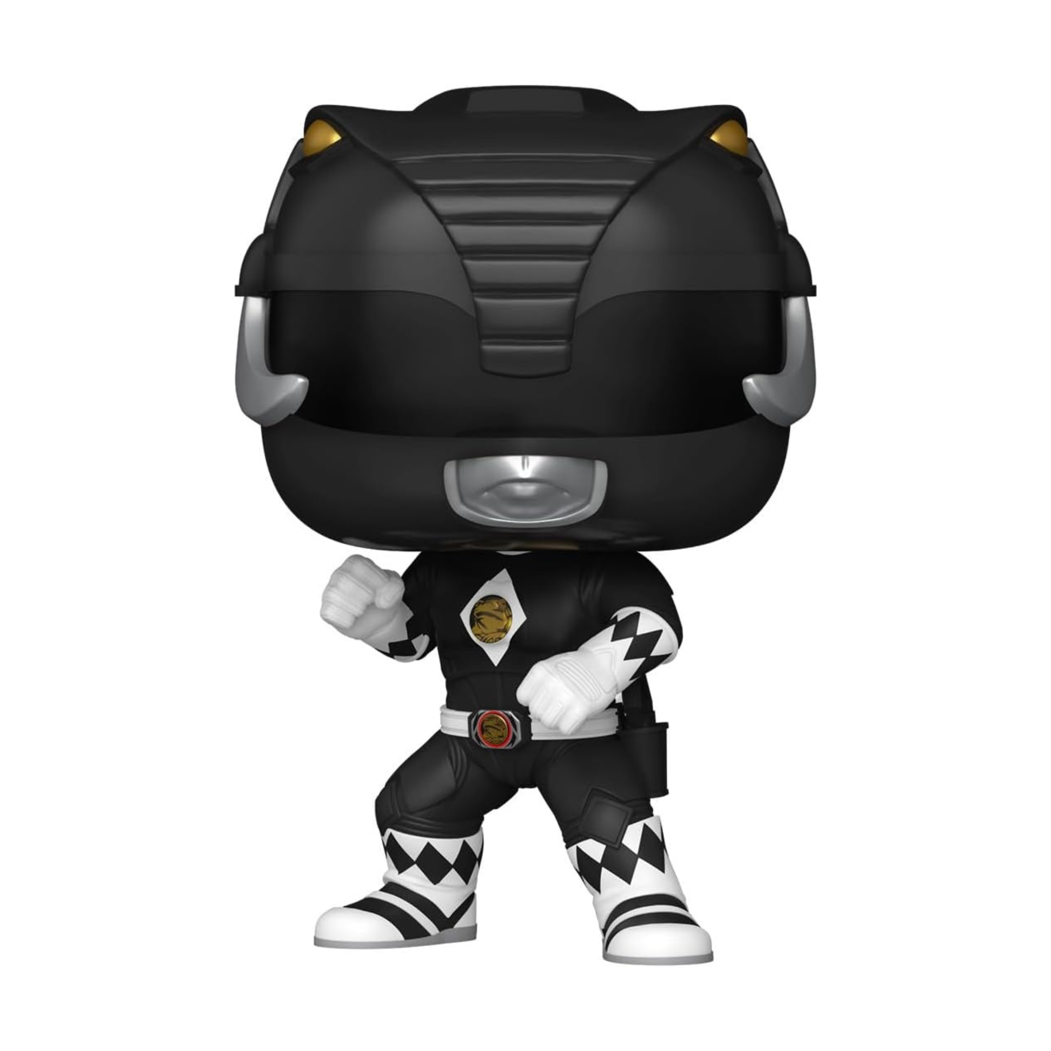 Funko Pop figure of a character in a black costume with a helmet, featuring distinct black and white patterns in a fighting stance.