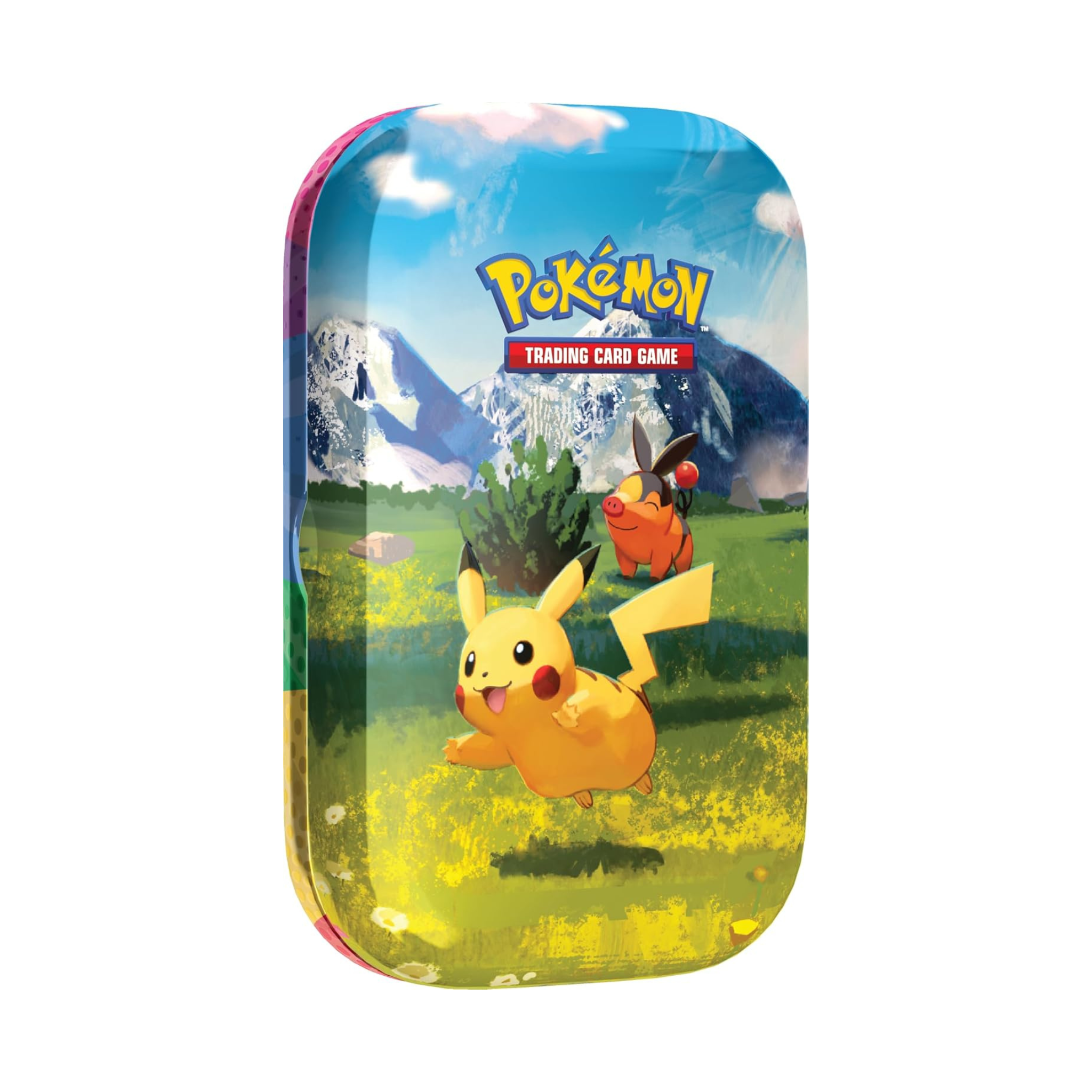 Pokémon trading card game tin with Pikachu and another character on a scenic background