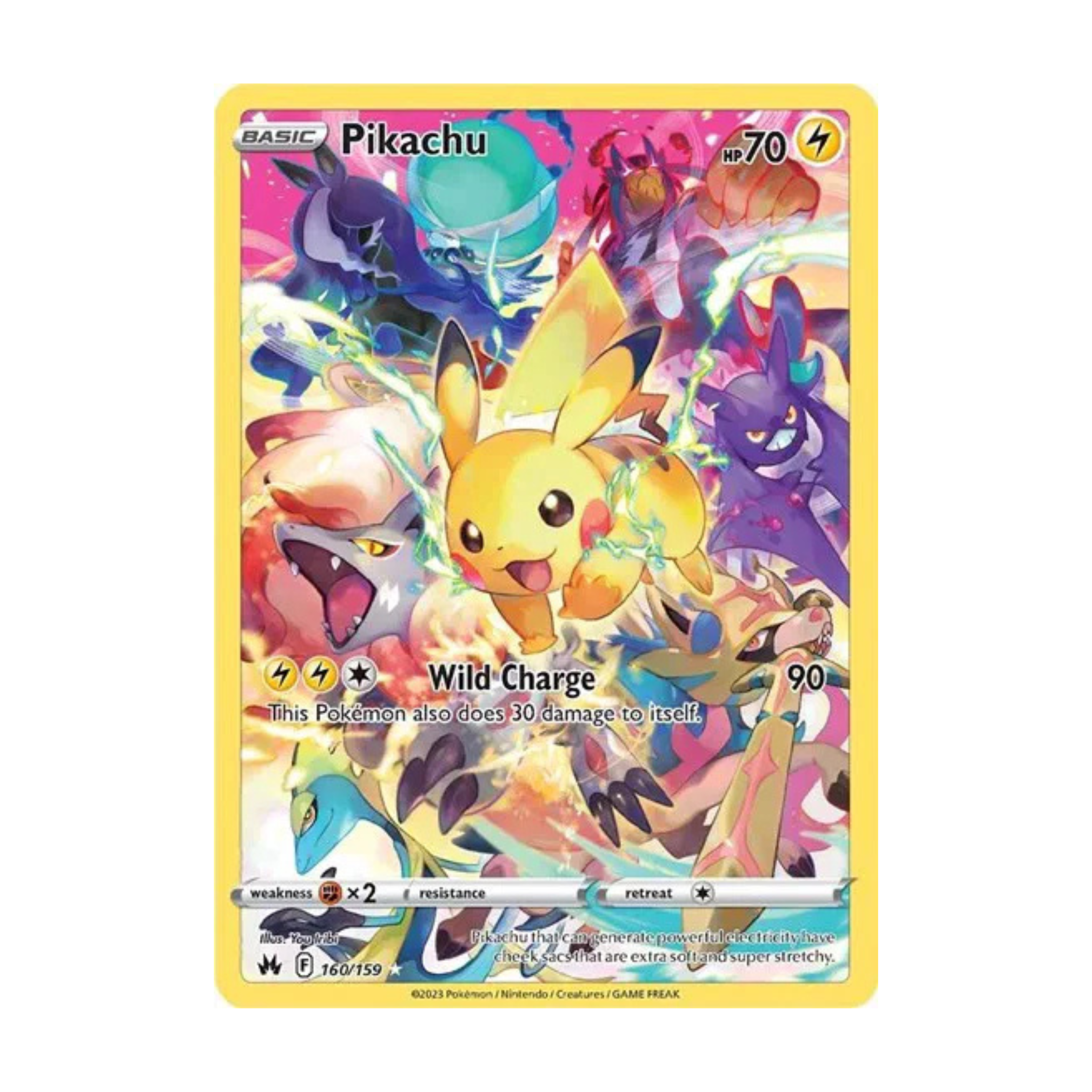 Pikachu trading card featuring a dynamic pose with other Pokémon, showcasing the 'Wild Charge' move and colorful design.