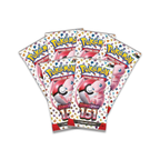 Multiple booster packs of Pokémon TCG: 151 arranged in a fan layout, featuring a pink character and the number '151'.