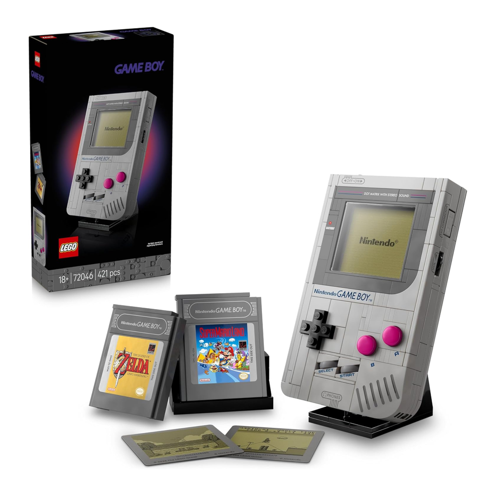 LEGO Game Boy model with gray body, pink buttons, two game cartridges, and a display stand.