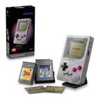 LEGO Game Boy model with gray body, pink buttons, two game cartridges, and a display stand.