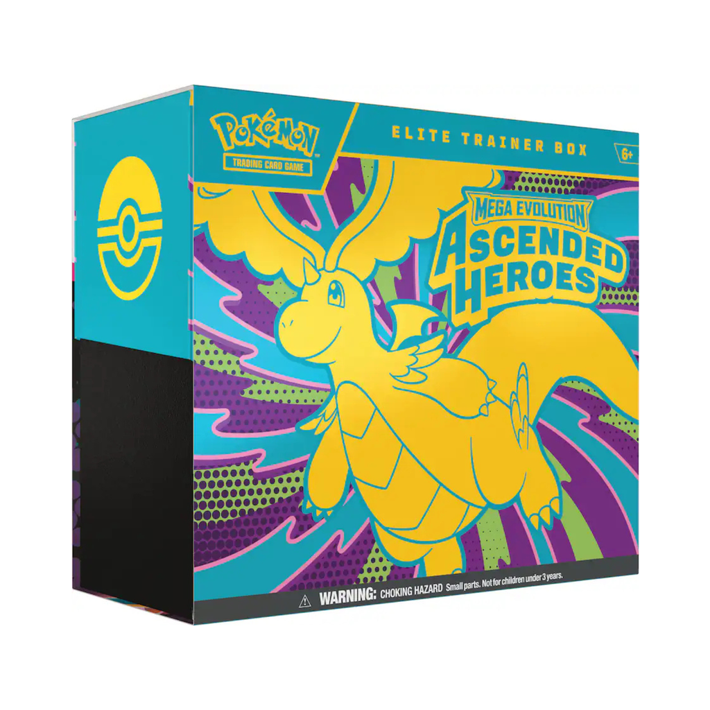 Colorful Pokémon TCG Mega Evolution Ascended Heroes Elite Trainer Box featuring a dragon-like character design.