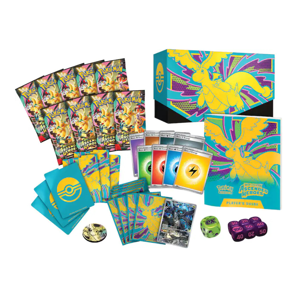 Pokémon TCG Elite Trainer Box featuring colorful artwork, booster packs, game cards, dice, and player guides.