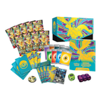 Pokémon TCG Elite Trainer Box featuring colorful artwork, booster packs, game cards, dice, and player guides.