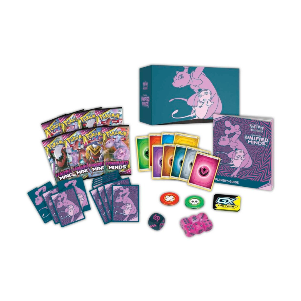 Pokémon TCG: Sun & Moon-Unified Minds Elite Trainer Box featuring colorful graphics, booster packs, and game tokens.