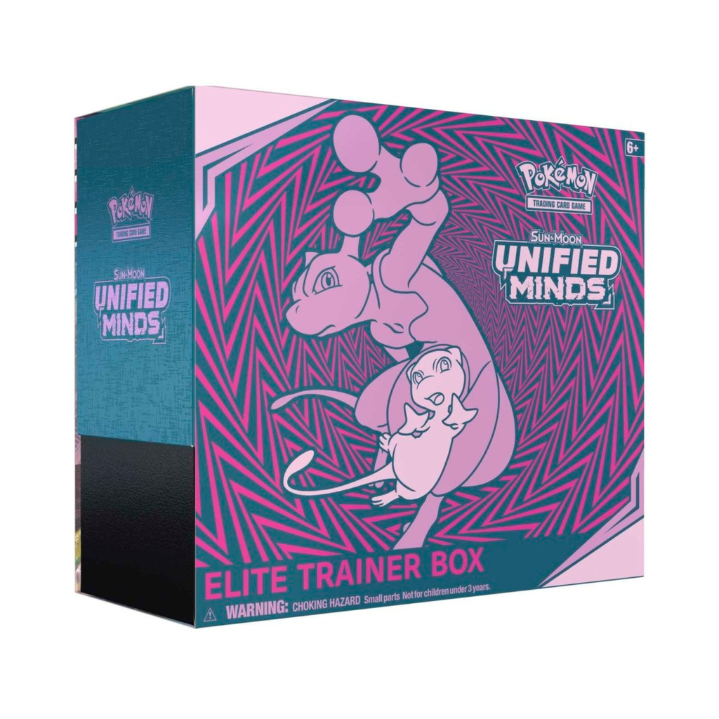Box featuring Pokémon illustrations, labeled Sun & Moon Unified Minds Elite Trainer Box with a pink and blue design.