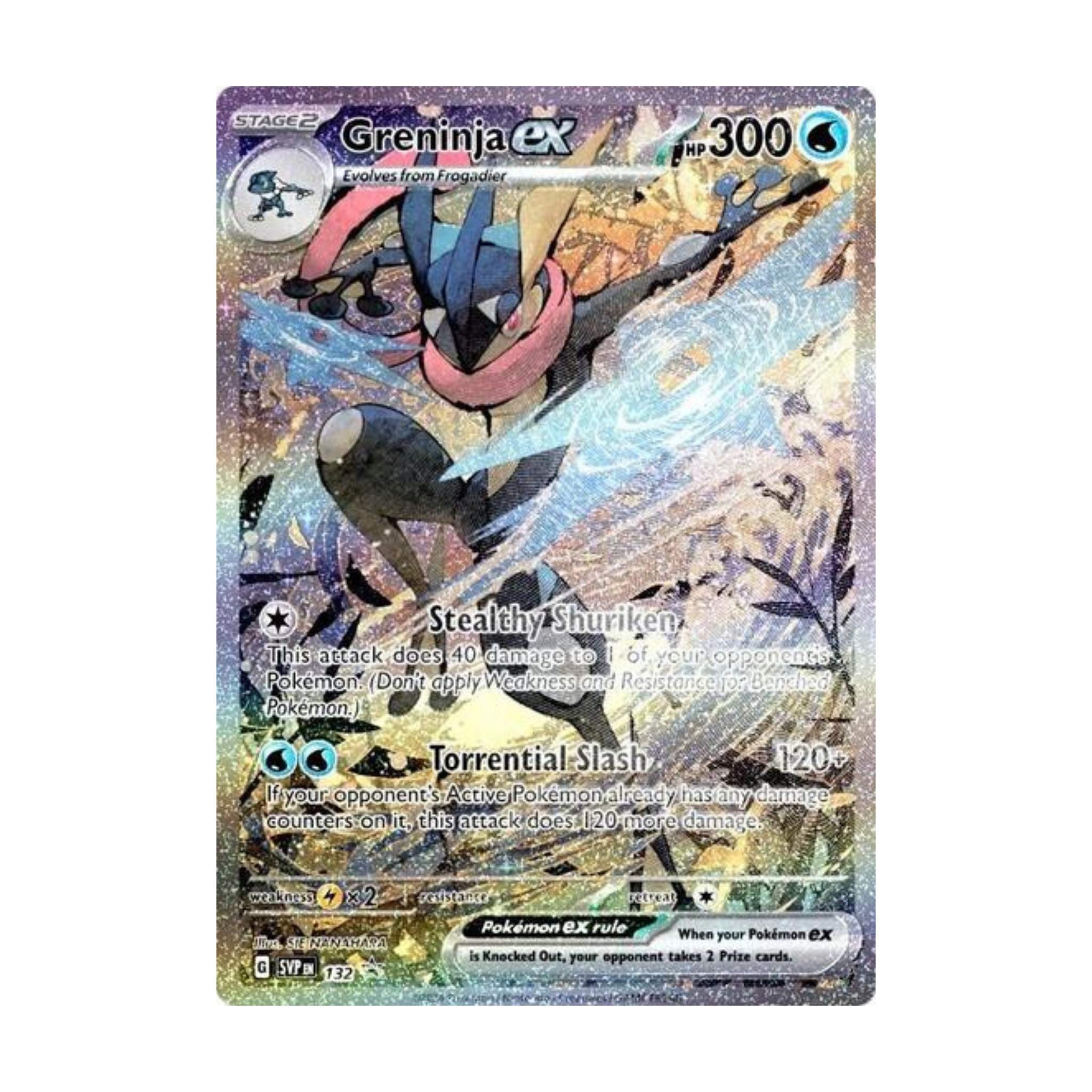 Holographic Greninja ex trading card featuring HP 300, Stealthy Shuriken, and Torrential Slash attacks. Evolves from Froakie.