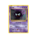 Gastly Pokémon trading card featuring a purple background, HP 40, and abilities 'Little Grudge' and 'Nightmare.'