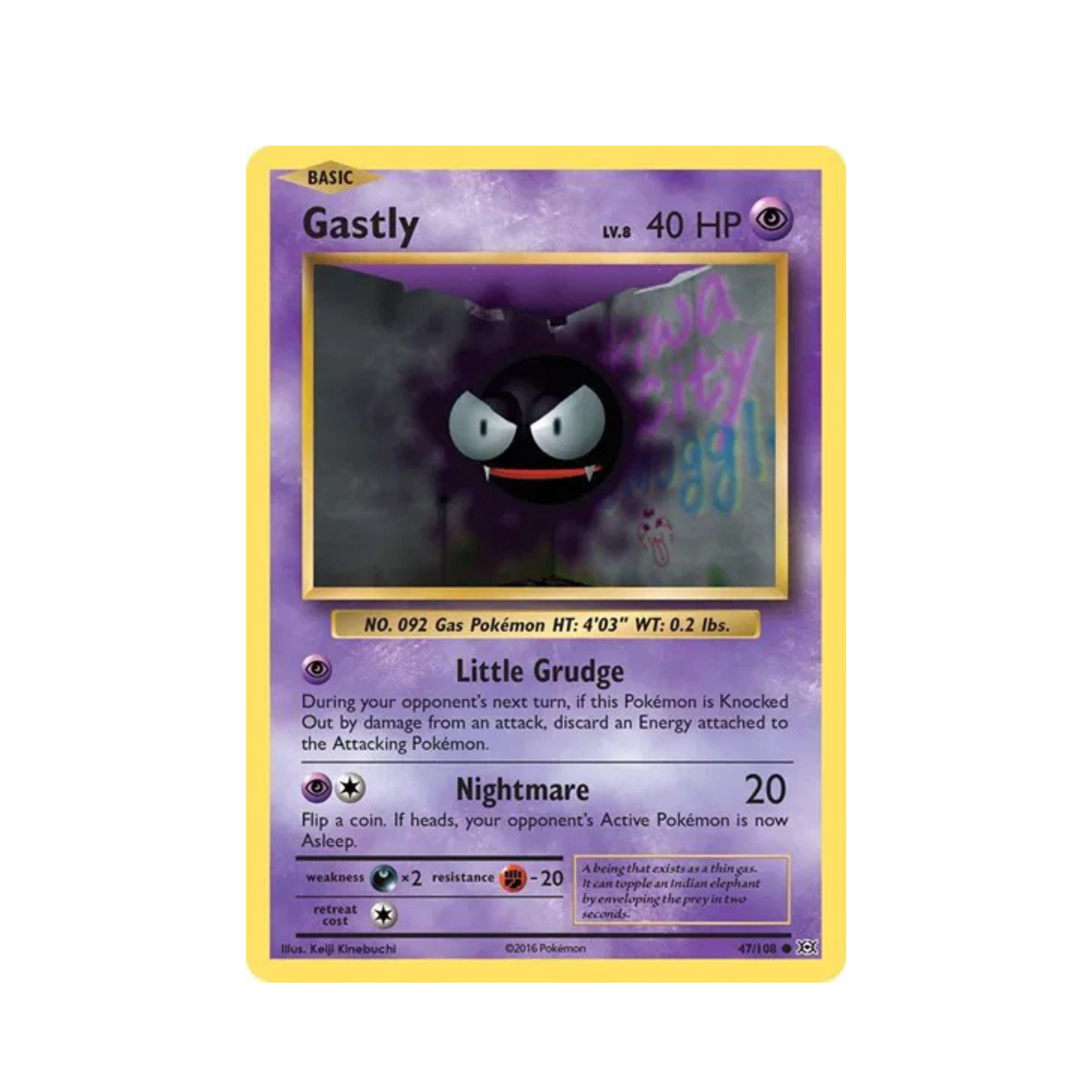 Gastly Pokémon trading card featuring a purple background, HP 40, and abilities 'Little Grudge' and 'Nightmare.'