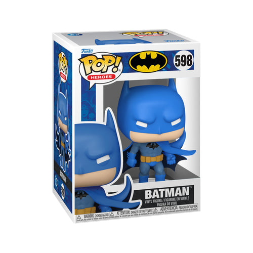 Funko Pop figure of Batman in a blue costume and cape, displayed in a box with a clear front and Batman's logo.