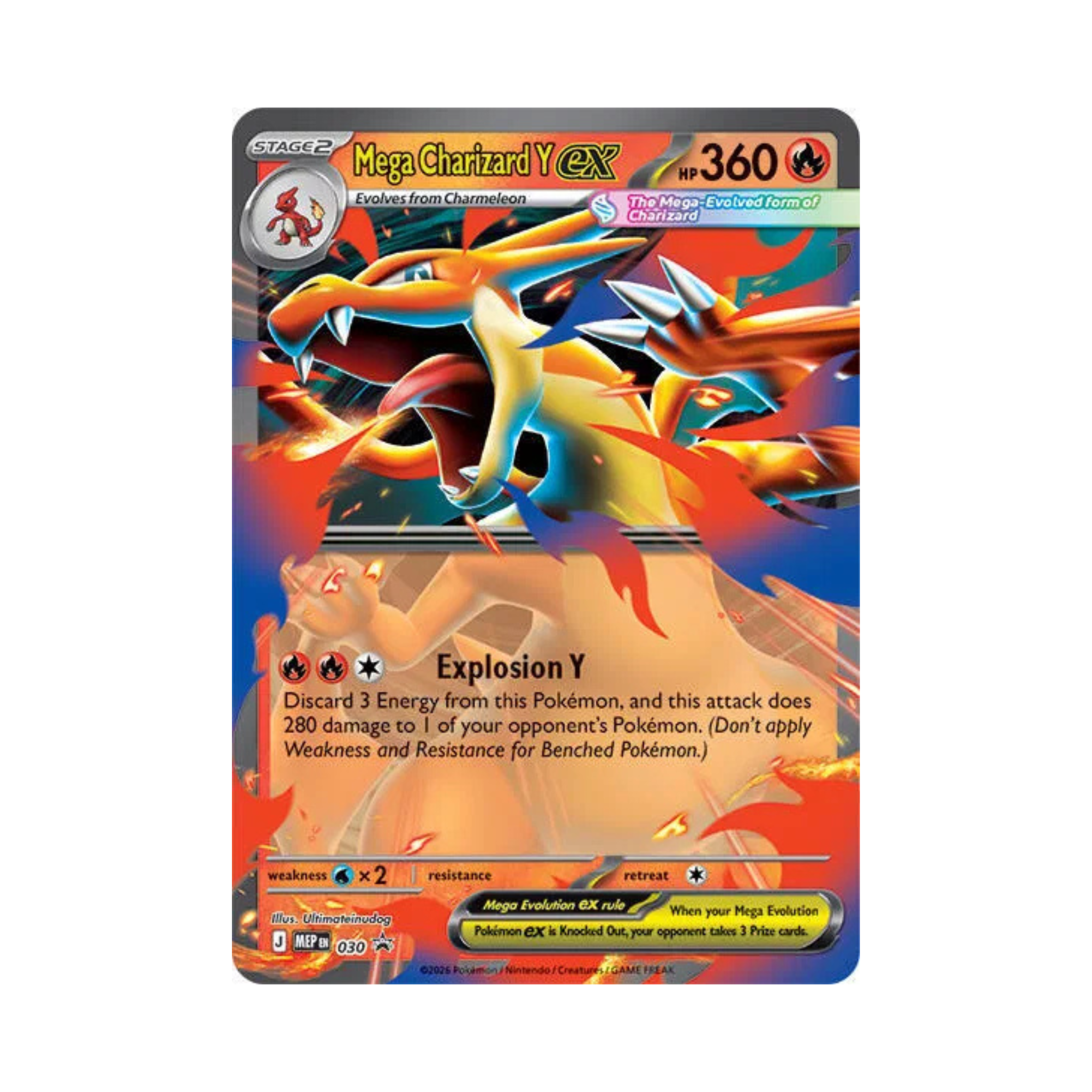 Mega Charizard Y ex card featuring vibrant colors, 360 HP, and the attack 'Explosion Y,' evolving from Charmeleon.
