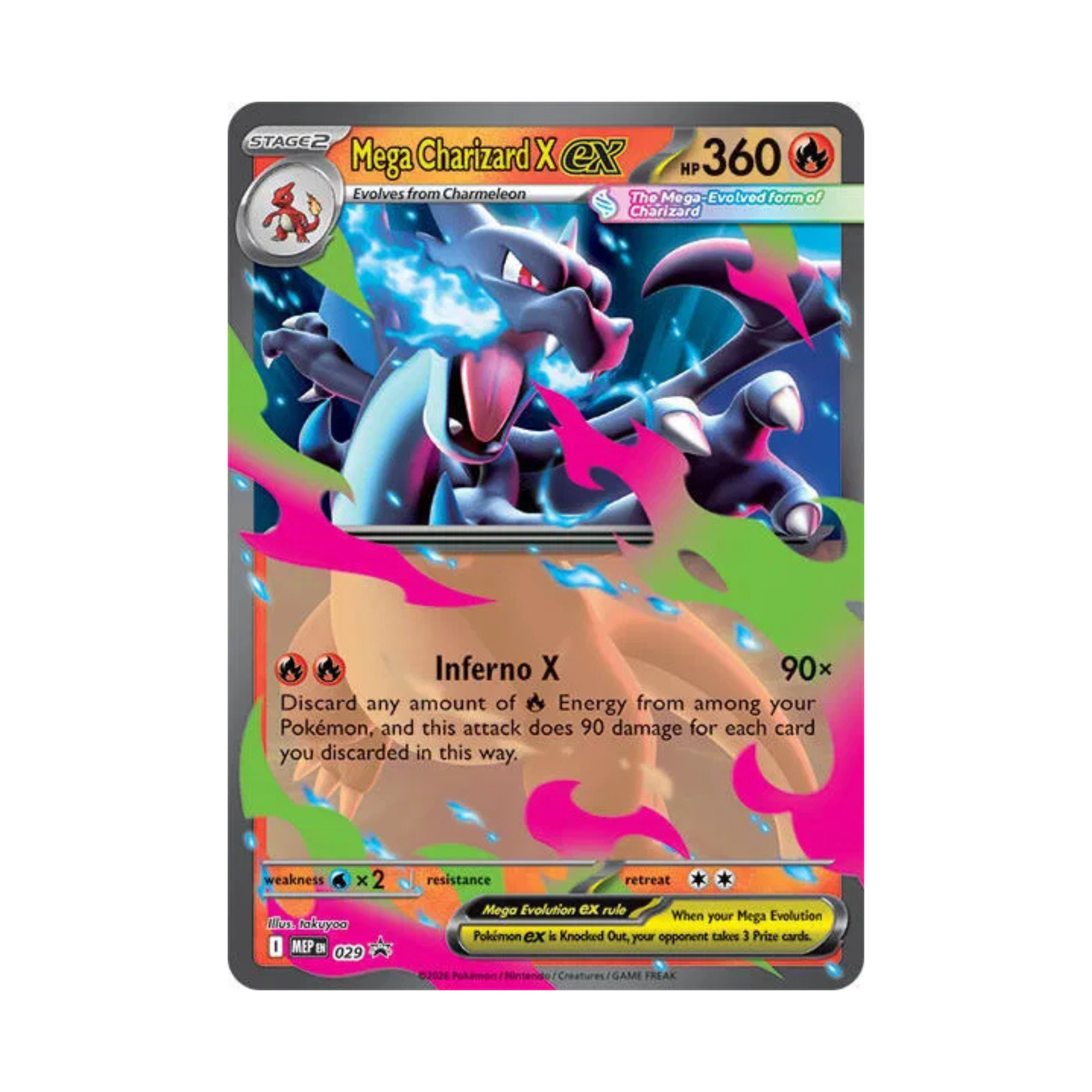Colorful Mega Charizard X ex trading card featuring 360 HP, attack 'Inferno X', and evolves from Chameleon.