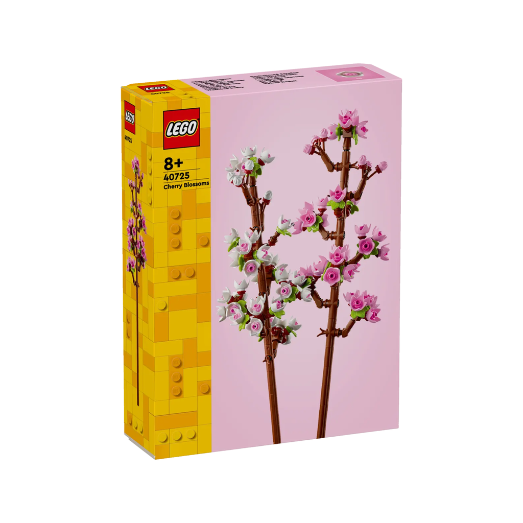 LEGO set box featuring two cherry blossom twig models with pink and white buds on a light pink background.