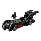 Batmobile model with black body and red accents, featuring an open hood and Batman figure, typical of LEGO sets.