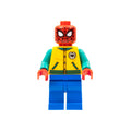 Minifigure in a bright orange letter jacket with blue sleeves and pants, featuring a spider-themed mask.