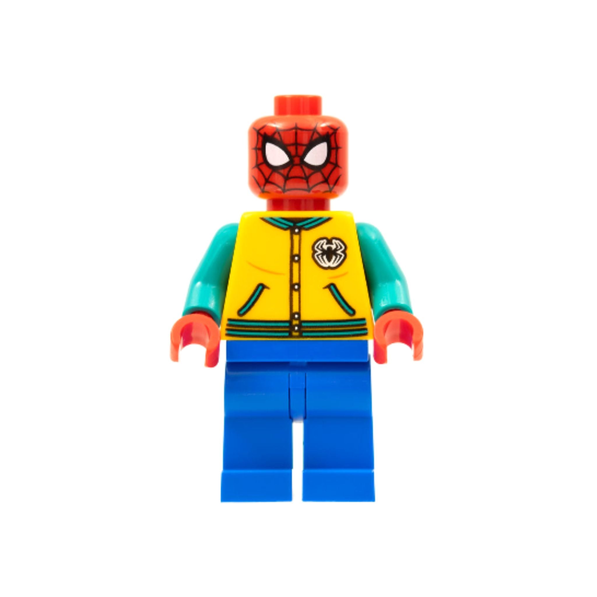 Minifigure in a bright orange letter jacket with blue sleeves and pants, featuring a spider-themed mask.