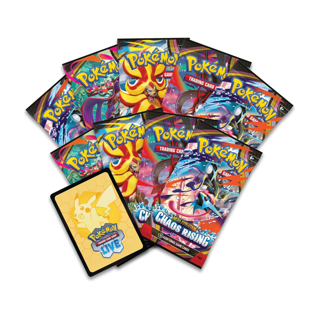 Colorful Pokémon trading card packs featuring artwork from the Chaos Rising theme, including a Pikachu illustration.
