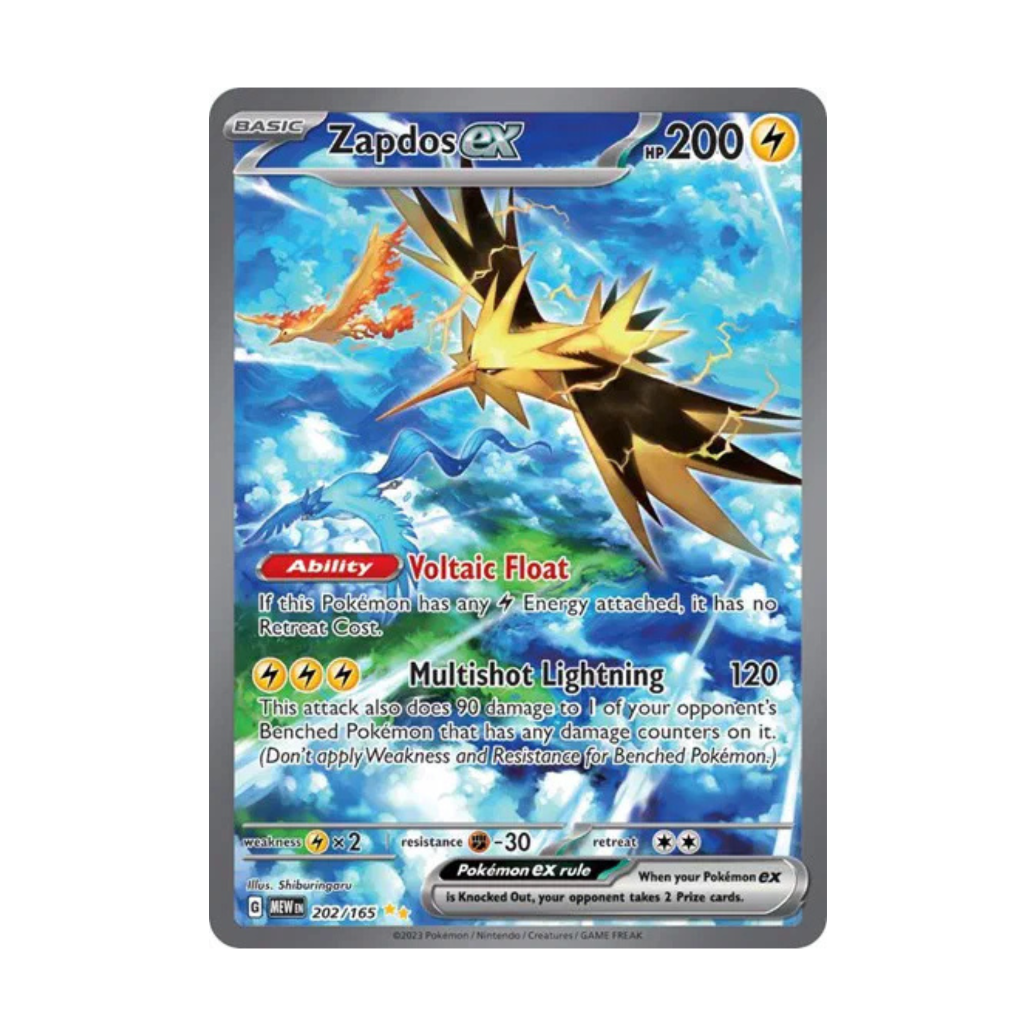 Zapdos ex trading card featuring an illustration of Zapdos, HP 200, with abilities Voltaic Float and Multishot: Lightning.
