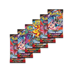 Six booster packs of Pokémon TCG: Mega Evolution - Chaos Rising featuring colorful artwork and various Pokémon characters.