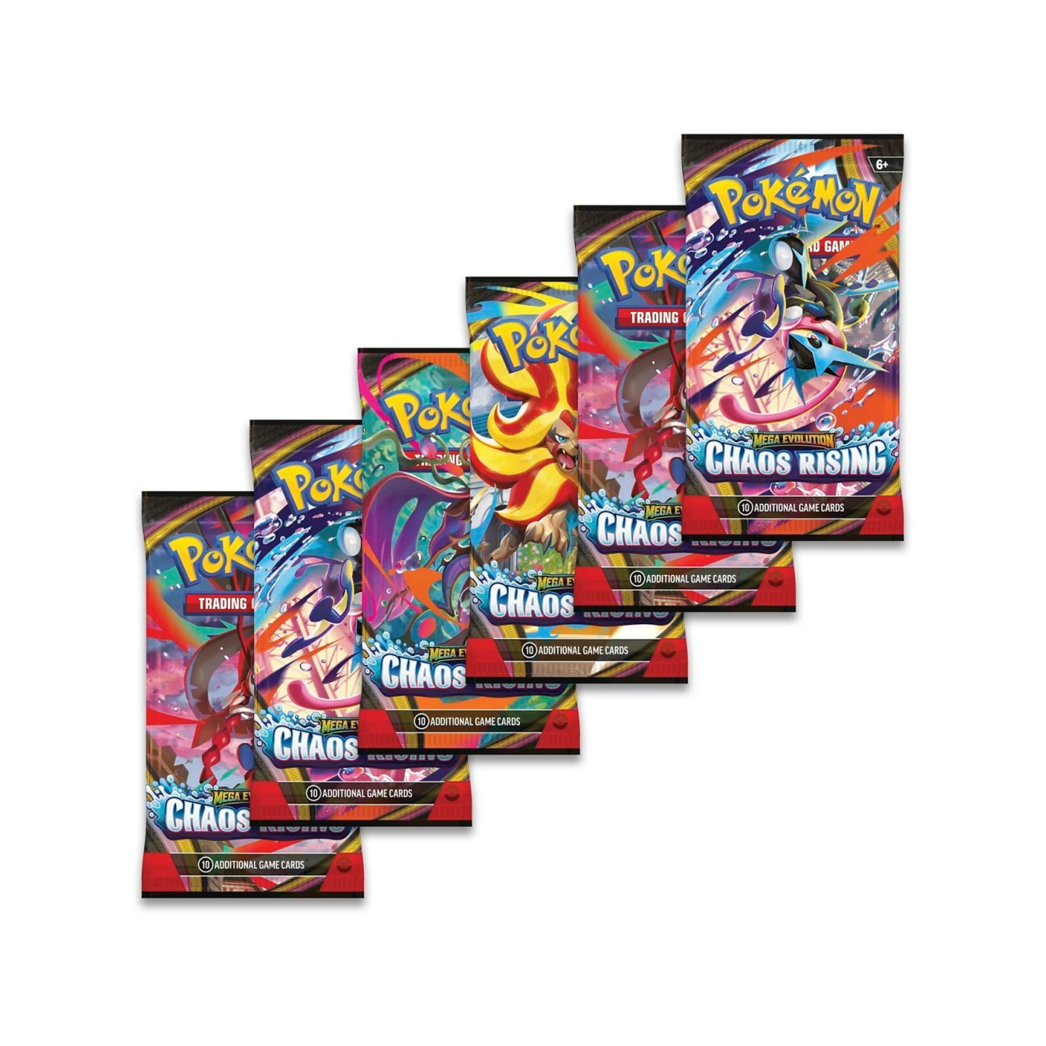Six booster packs of Pokémon TCG: Mega Evolution - Chaos Rising featuring colorful artwork and various Pokémon characters.
