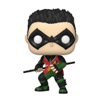 Funko Pop figure of Robin with short black hair, red and green costume, black mask, and staff in a stylized design.