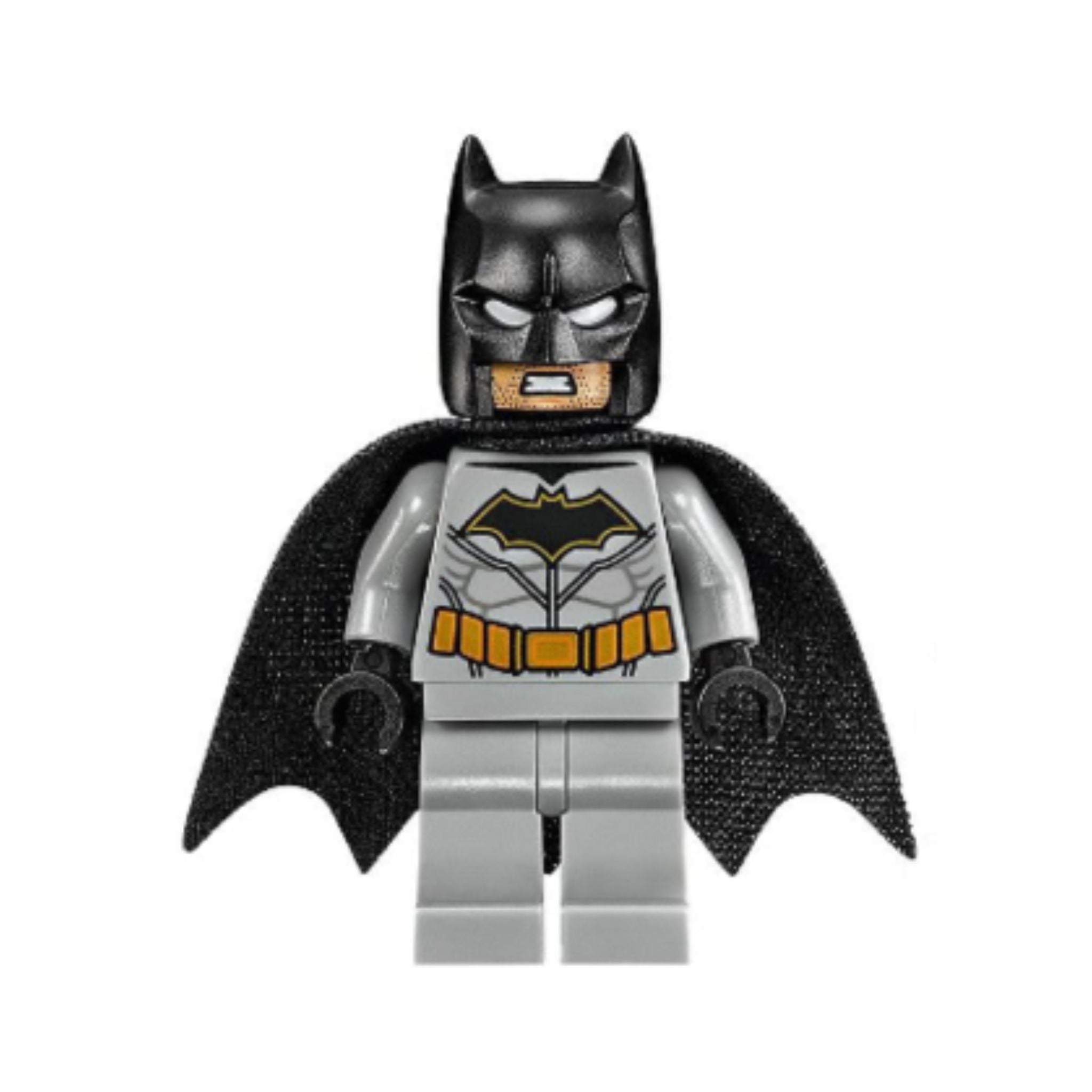Batman minifigure with a dark bluish gray suit, gold belt, black hands, and spongy black cape.
