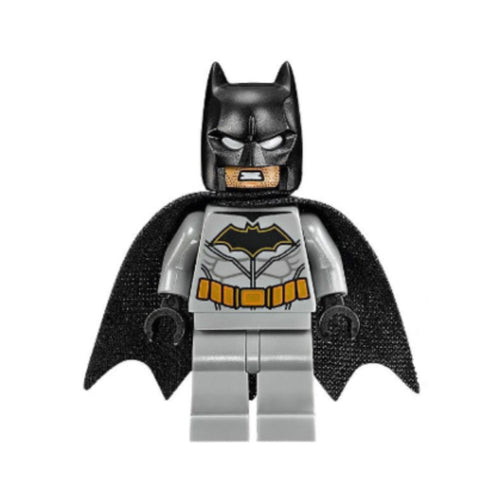 Batman minifigure with a dark bluish gray suit, gold belt, black hands, and spongy black cape.