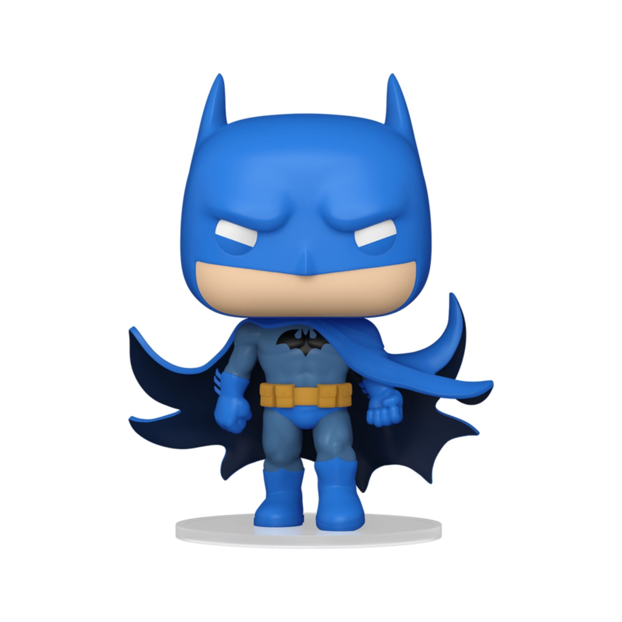 Stylized Funko Pop figure of a superhero in a blue costume with a bat emblem and pointed cowl, standing on a circular base.