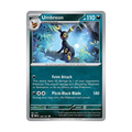 Umbreon Pokémon trading card featuring 110 HP, with attacks Feint Attack and Pitch-Black Blade, set against a blue background.