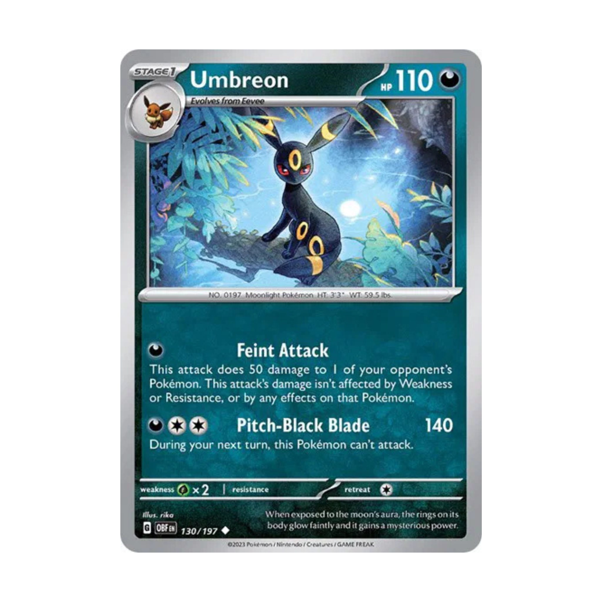 Umbreon Pokémon trading card featuring 110 HP, with attacks Feint Attack and Pitch-Black Blade, set against a blue background.