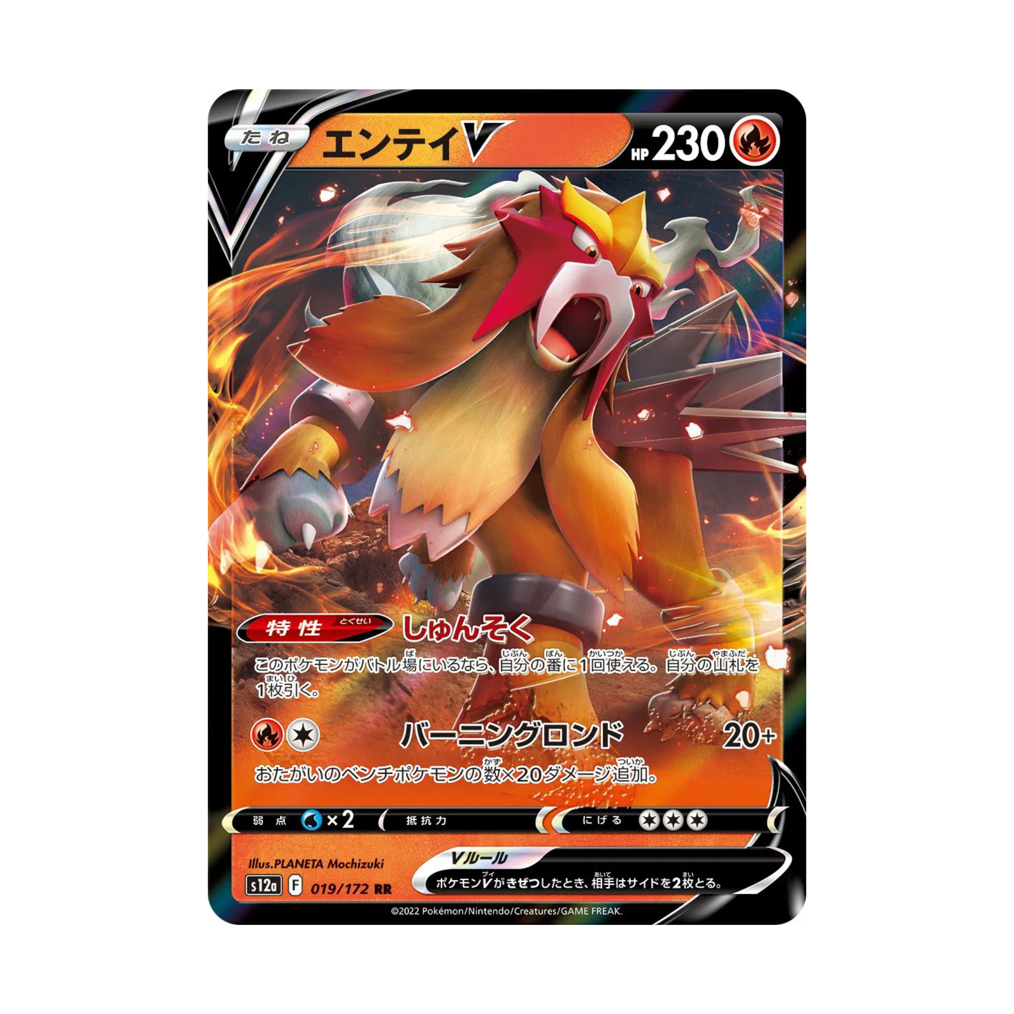 Trading card featuring エンティ (Entei) with HP 230 and a fiery background, card number 019/172.