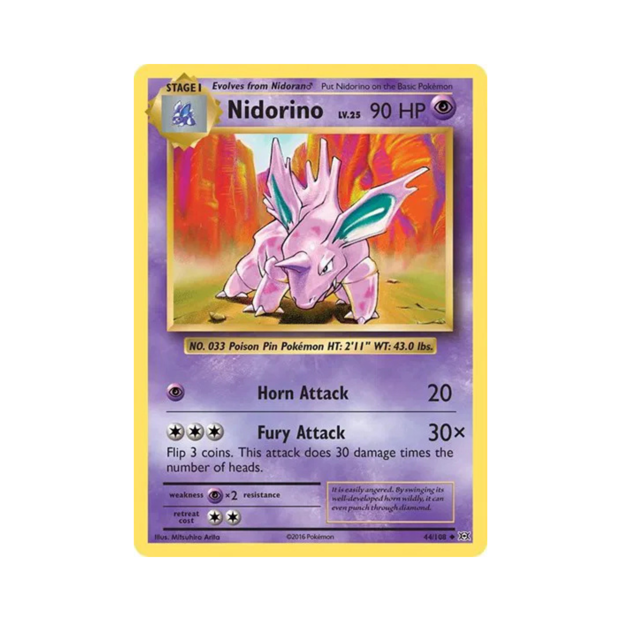 Nidorino Pokémon trading card featuring HP 90, Horn Attack, and Fury Attack with a purple background.