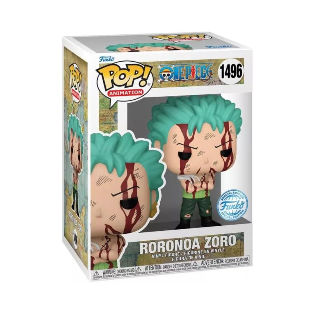 Funko Pop figure of Roronoa Zoro with green hair and bandaged appearance, packaged in a themed box.