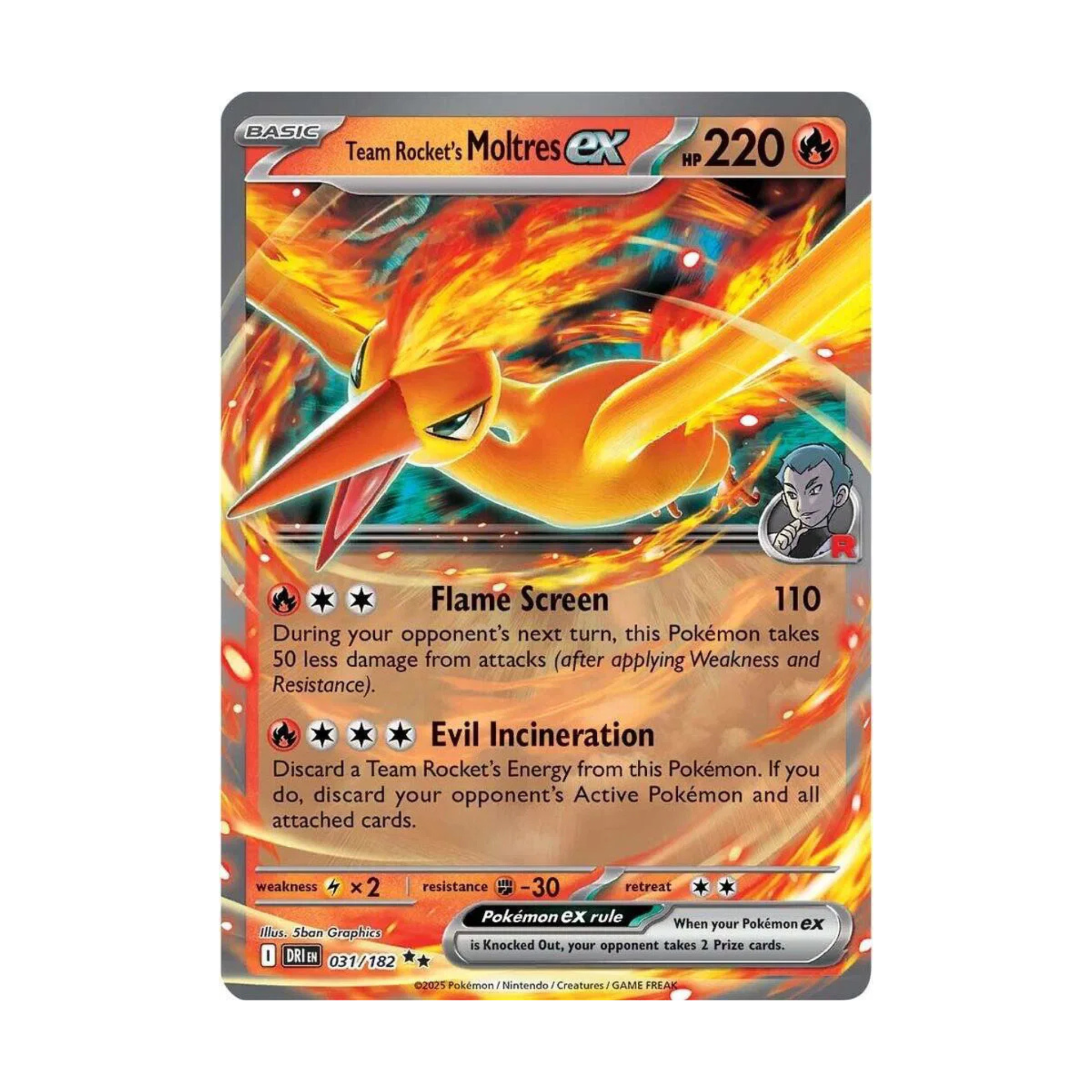 Team Rocket's Moltres ex Pokémon card with fiery design, HP 220, featuring attacks Flame Screen and Evil Incineration.