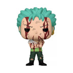 Funko Pop figure of Zoro with green spiky hair, wearing a torn outfit with blood stains and a serious expression, arms crossed.