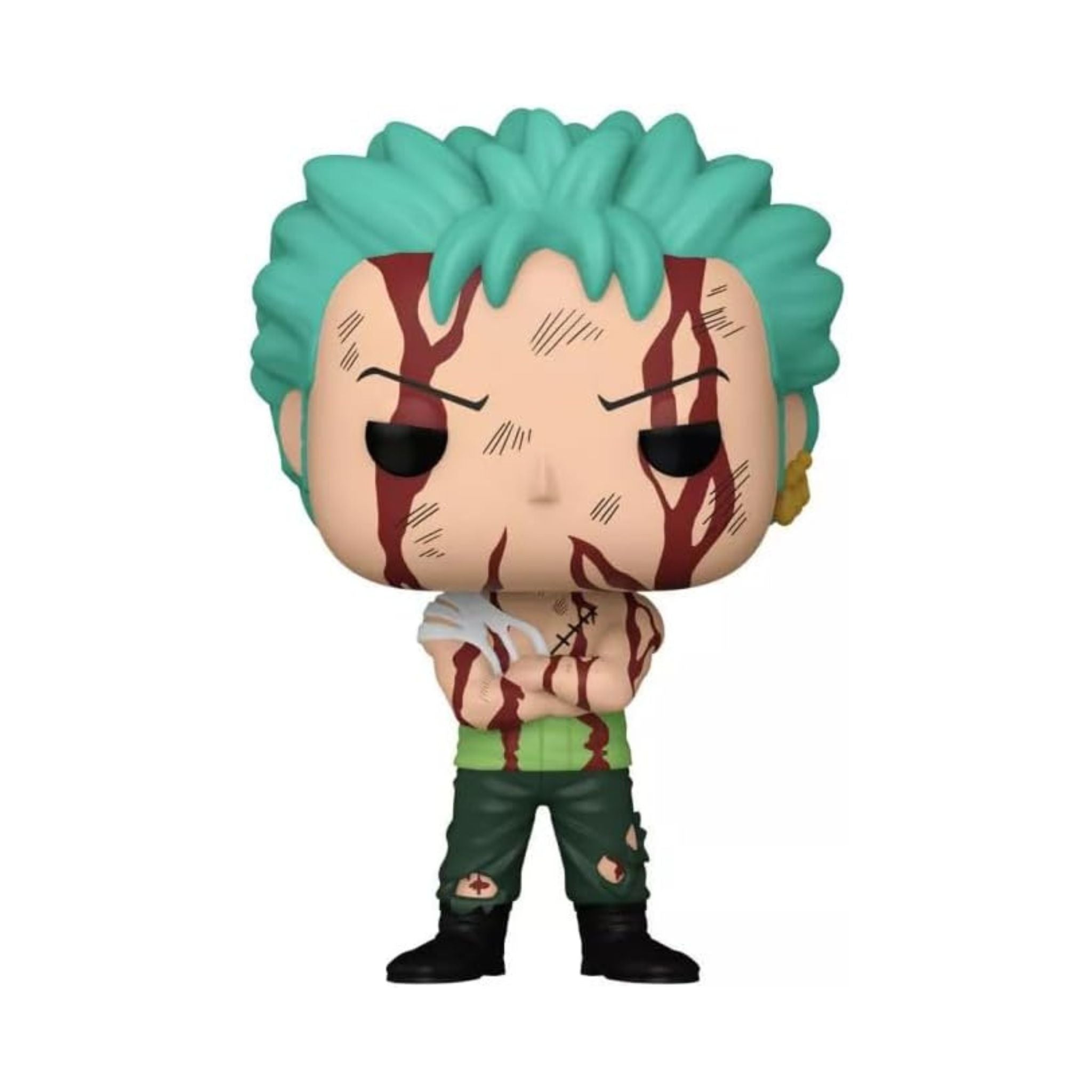 Funko Pop figure of Zoro with green spiky hair, wearing a torn outfit with blood stains and a serious expression, arms crossed.