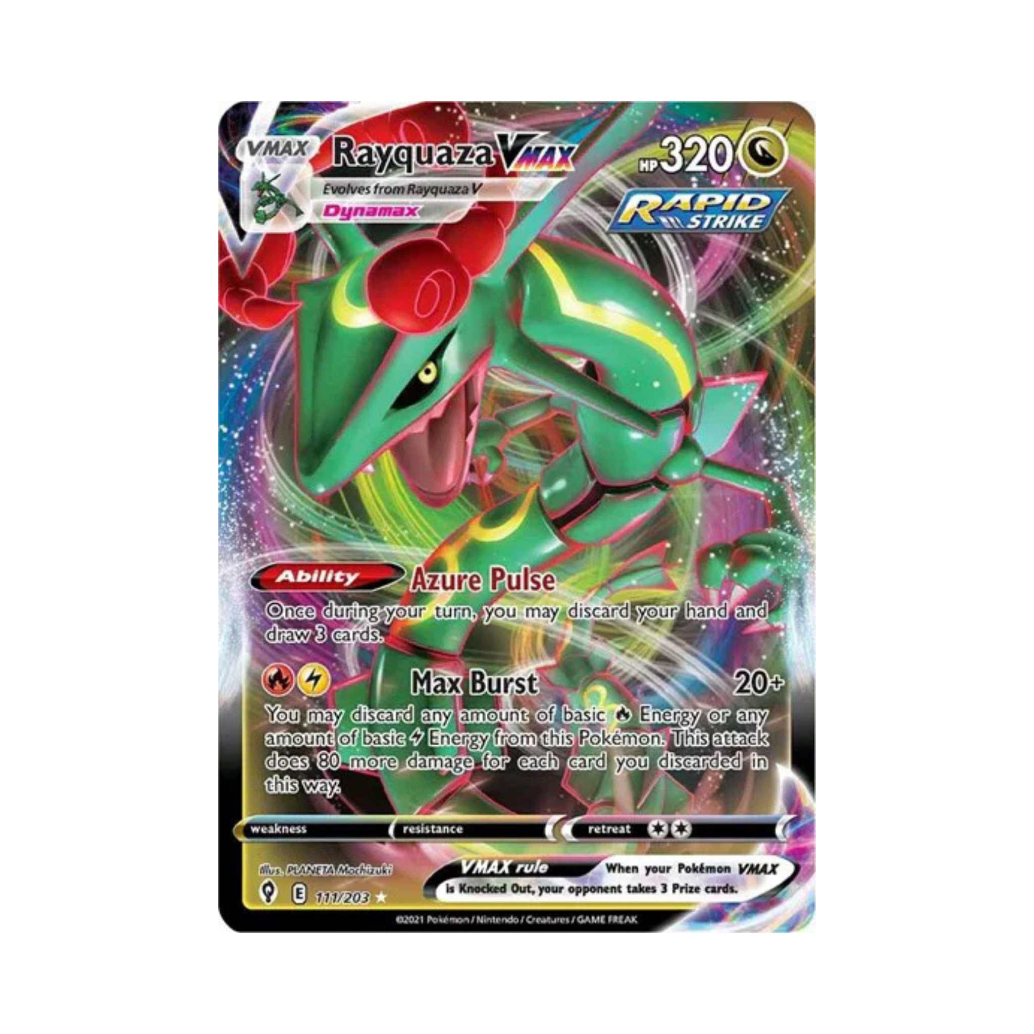 Rayquaza VMAX trading card featuring vibrant colors, dynamic pose, and abilities like Azure Pulse and Max Burst.