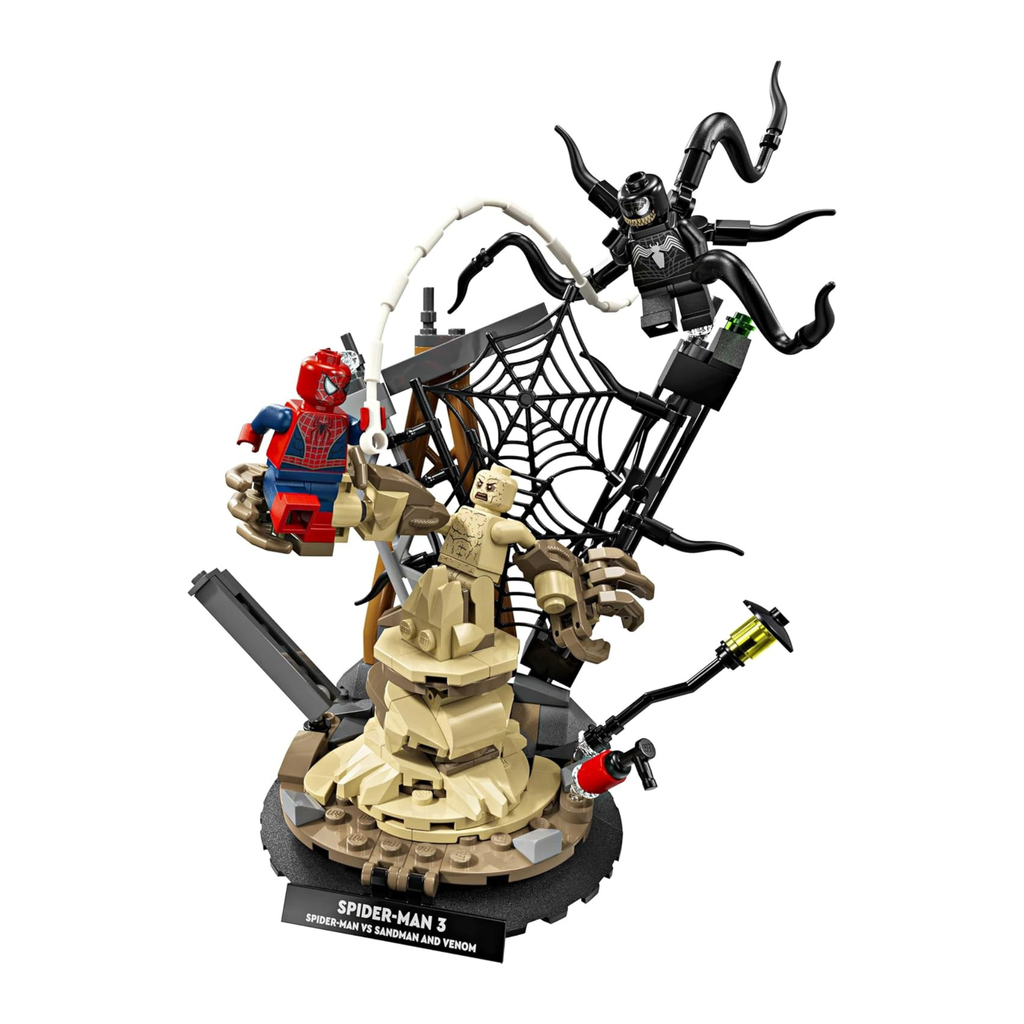 LEGO set featuring Spider-Man and Sandman in an action scene with a central statue and web elements.