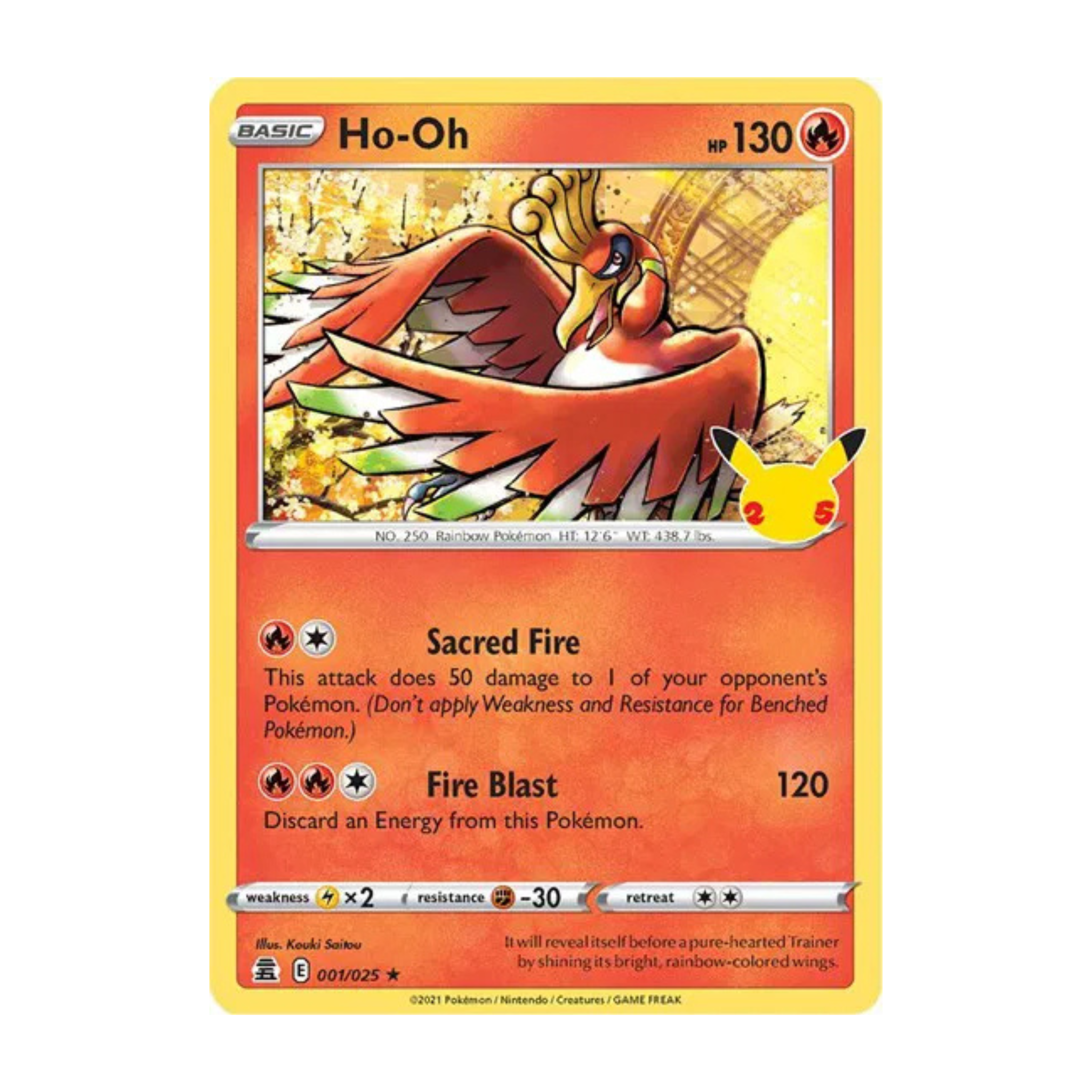 Trading card featuring Ho-Oh with 130 HP, showcasing Sacred Fire and Fire Blast attacks.