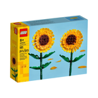 Two colorful LEGO sunflowers with yellow petals and brown centers, featuring green stems and leaves, in a box with 191 pieces.