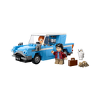 Blue LEGO Flying Ford Anglia with two minifigures, an owl, and a small creature beside it.