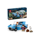 LEGO Flying Ford Anglia™ set featuring a blue car, boy minifigure, suitcase, and small animal figure from the Harry Potter series.