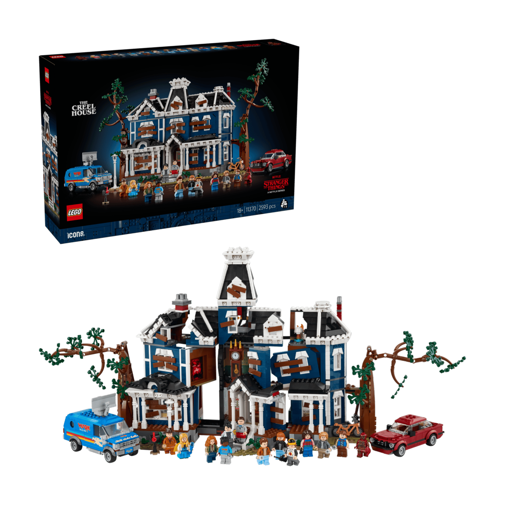 LEGO set featuring The Creel House from Stranger Things, complete with detailed house model, trees, figures, and vehicles.