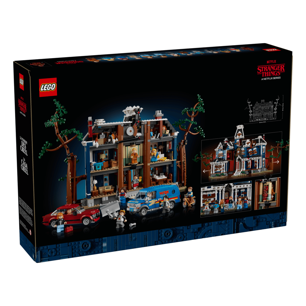 Detailed illustration of LEGO Stranger Things: The Creel House set featuring the house, figures, and a vehicle.