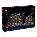 Detailed illustration of LEGO Stranger Things: The Creel House set featuring the house, figures, and a vehicle.