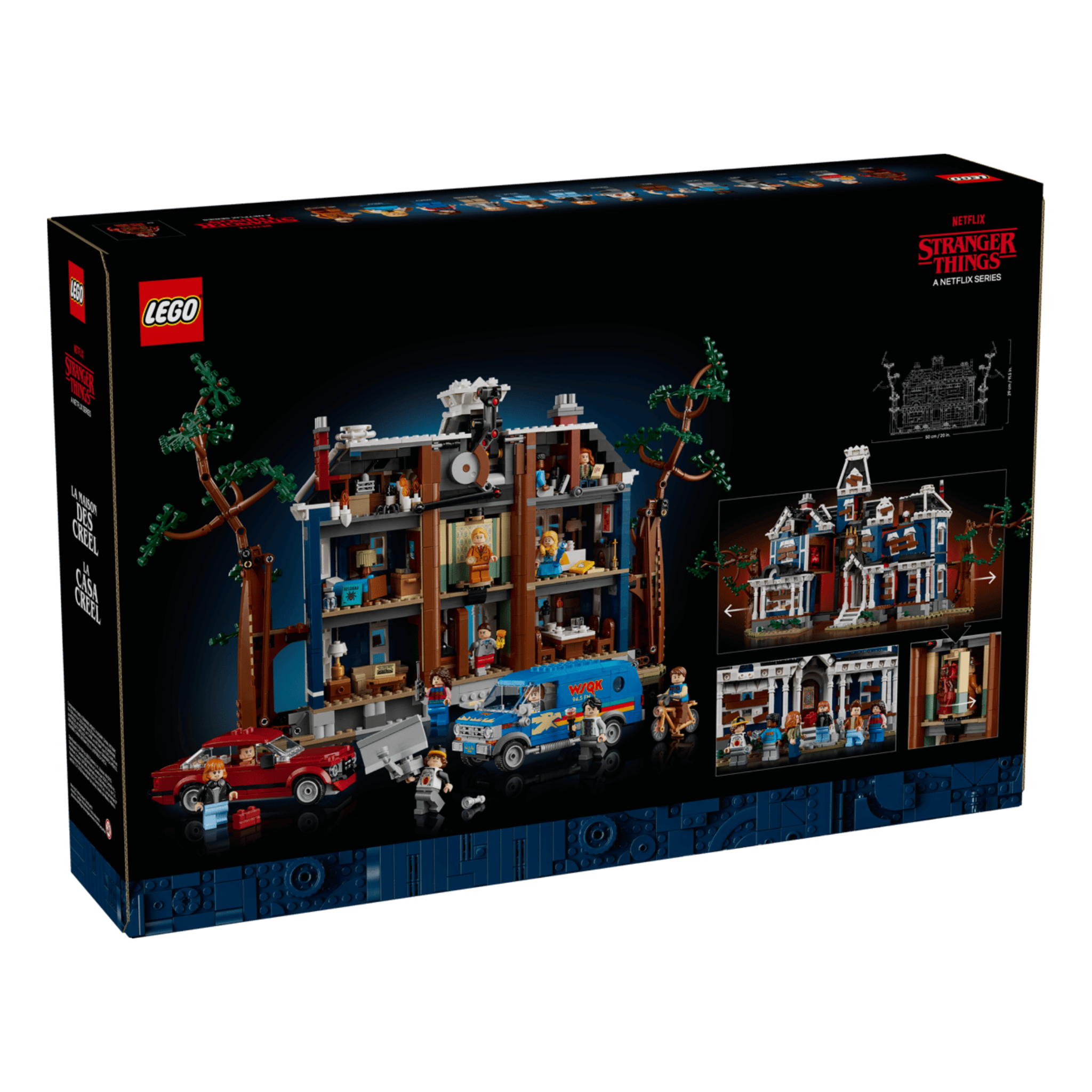Detailed illustration of LEGO Stranger Things: The Creel House set featuring the house, figures, and a vehicle.