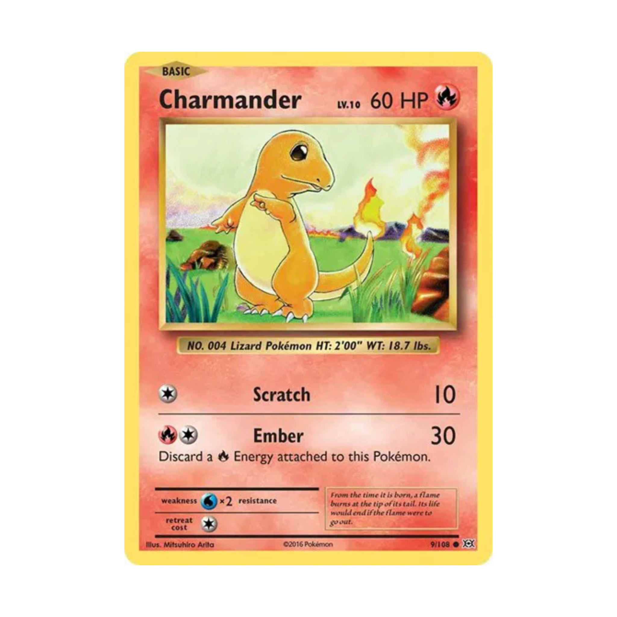 Charmander Pokémon trading card featuring level 10, 60 HP, and attacks Scratch and Ember by artist Mitsuhiro Arita.
