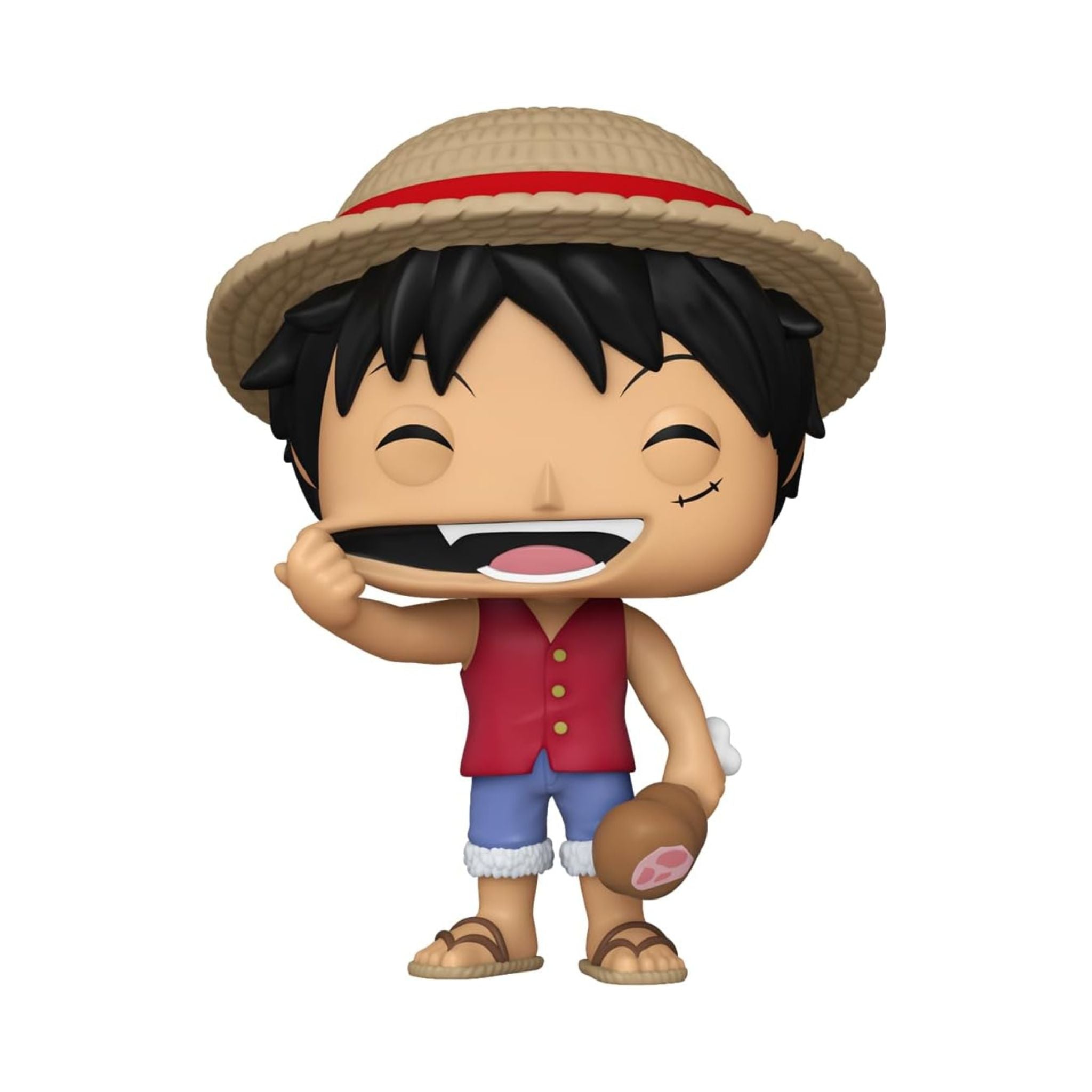 Funko Pop figure of Luffy with black hair, red vest, blue shorts, and straw hat, holding a small item in one hand.